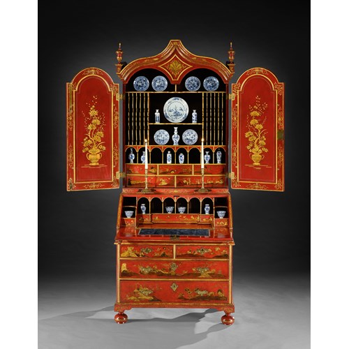 A GEORGE I PERIOD SCARLET AND GILT JAPANNED BUREAU CABINET